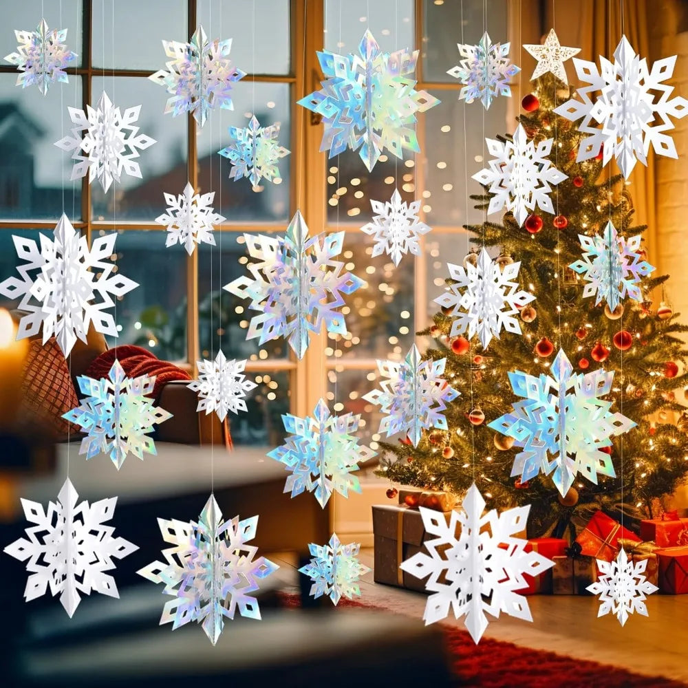 Christmas Snowflake Decorations Indoor, 24PCS 3D Paper Snowflakes Hanging Ornaments White Snowflake Garlands for Xmas Christmas