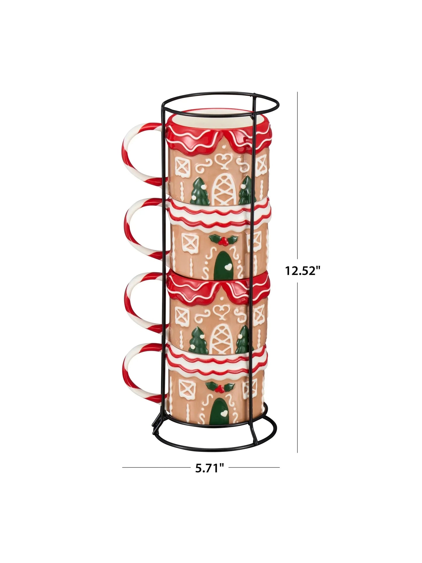 12oz Gingerbread House Stacking Mug Set – Glazed Stoneware, Includes Metal Rack