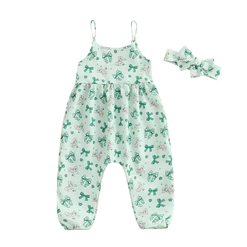 Toddler Boys St Patrick s Day Green Plaid Romper Suit with Bow Tie and Hat Set Irish Shamrock Print Jumpsuit