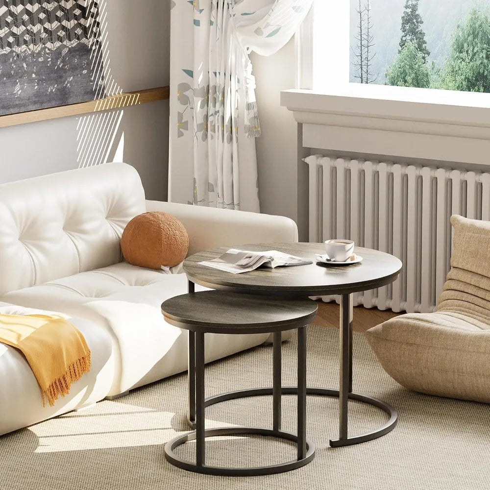 Nesting Coffee Table, 23.6" Round Coffee Table Set of 2, Wooden Nesting Table Set with Metal Frame, Side Tables for Living Room