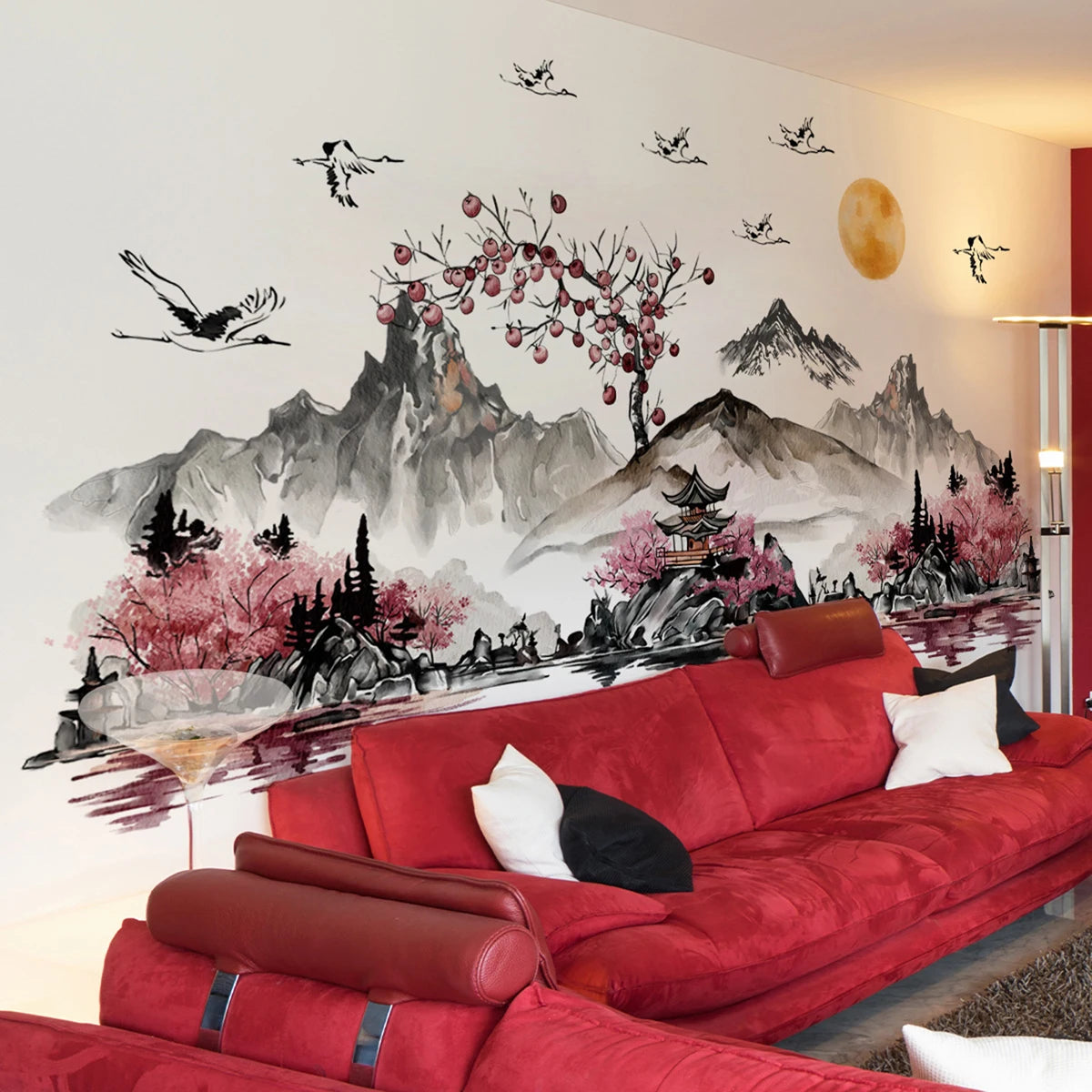 Traditional Chinese Ink Landscape Wall Decals Elegant PVC Mountain Water Painting Wall Stickers for Home Decor in Living Room