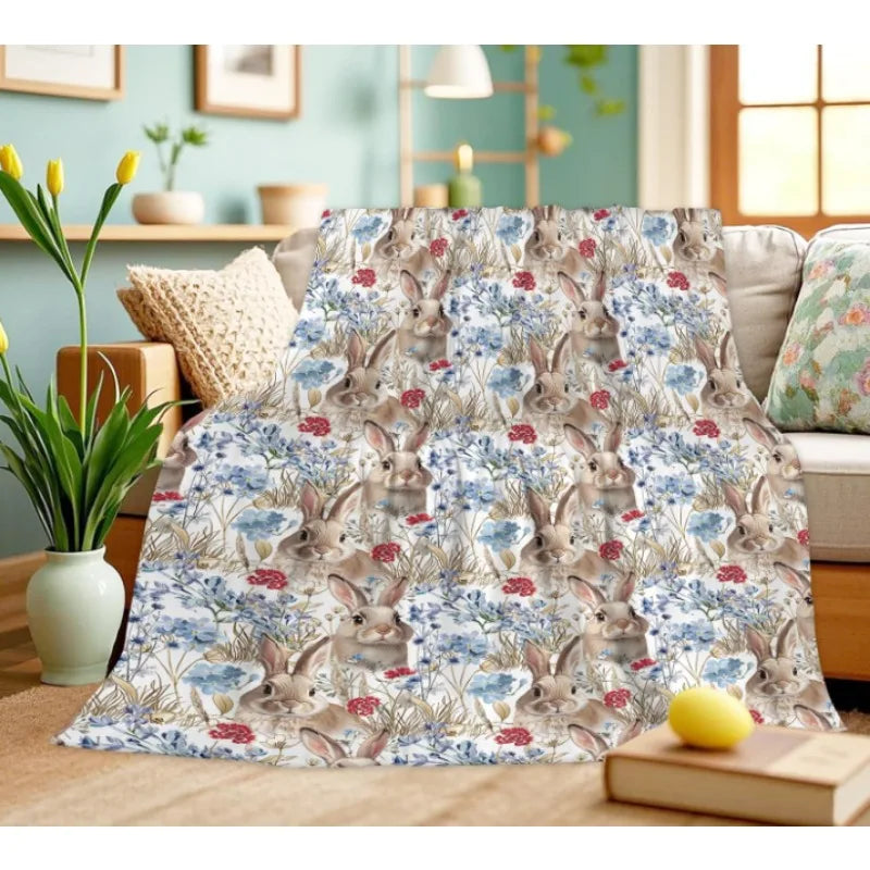 Easter bunny blue flower blanket, soft,comfortable,warm and lightweight blanket, suitable for all seasons spring home decoration