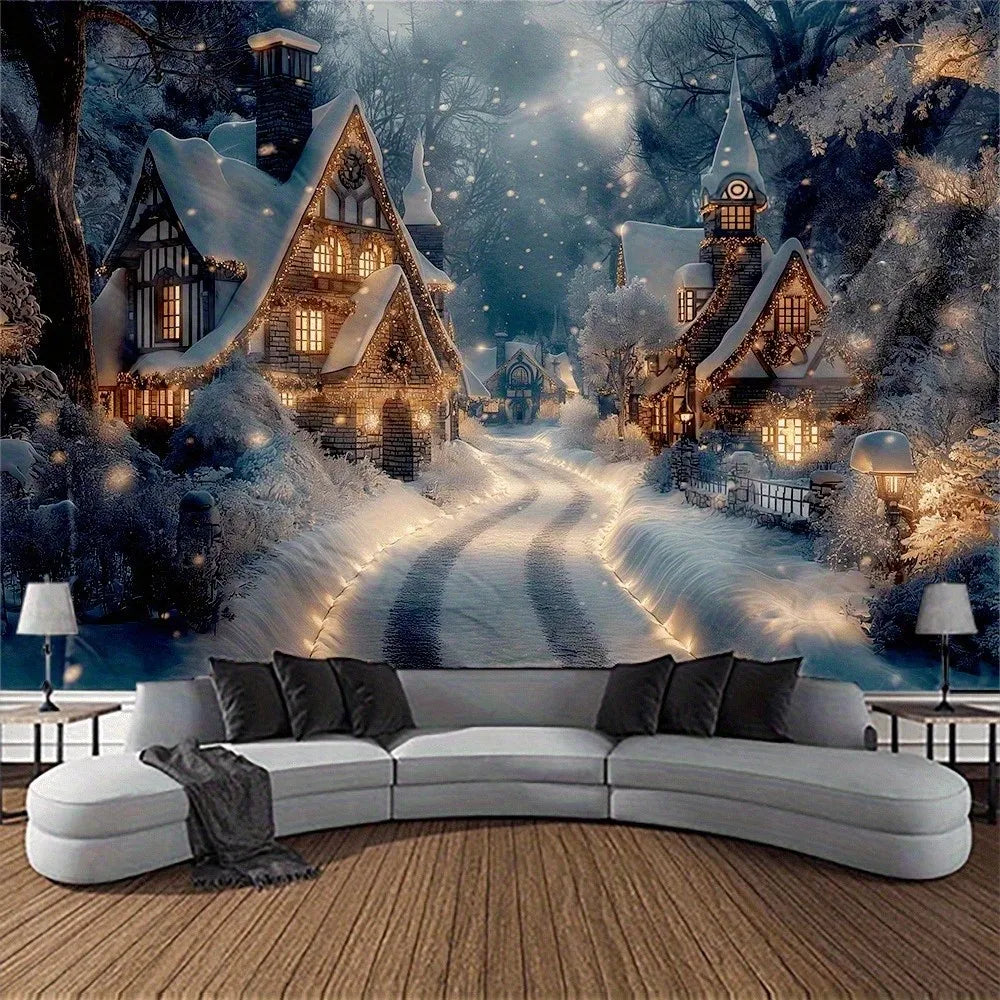 1pc Winter Village Tapestry Christmas Snow Night Wall Art Cozy Holiday Scenery Home Decor Back-to-school season Autumn gifts