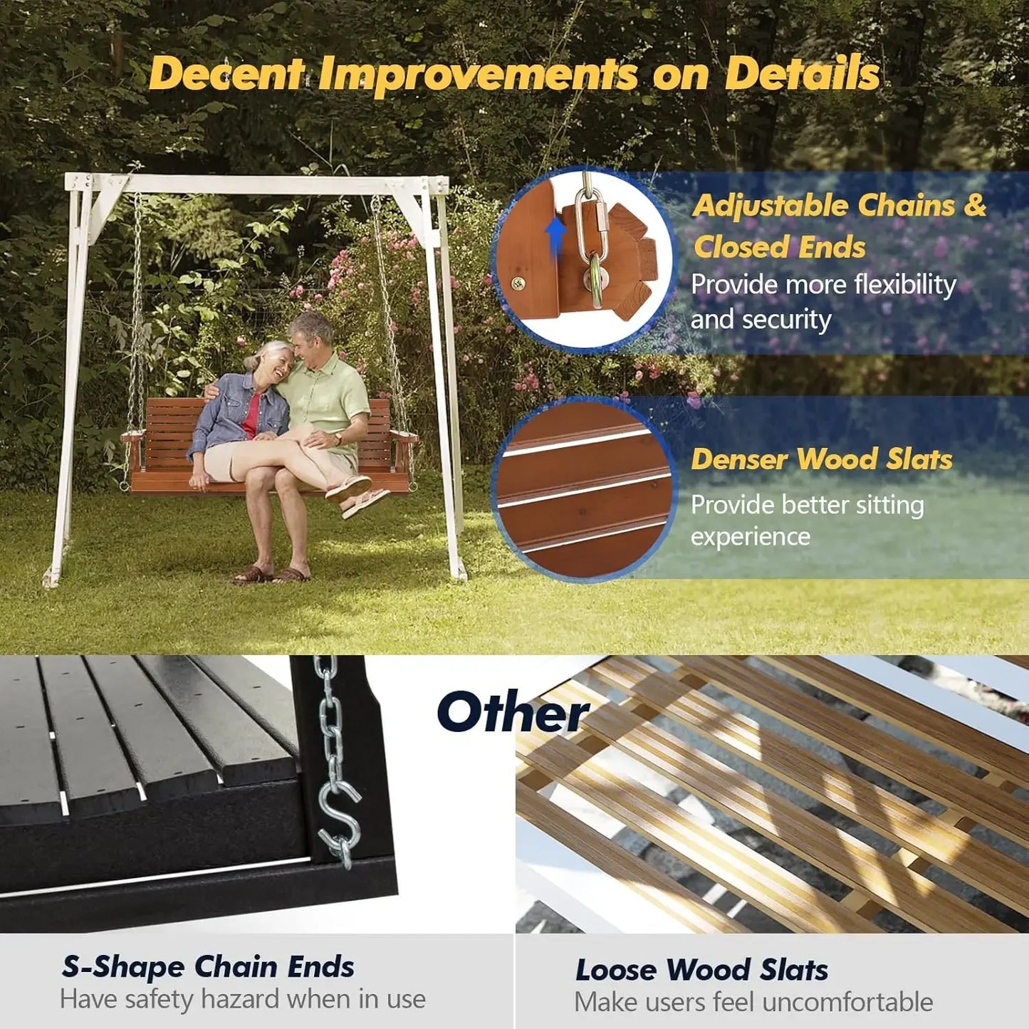 Upgraded Patio Wooden Porch Swing for Courtyard & Garden, Heavy Duty 880 LBS Swing Chair Bench with Hanging  (Brown, 4 FT)