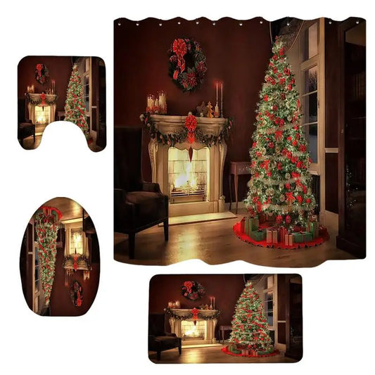Toilet Lid Cover Rug Set Fast Drying Christmas Tree Shower Curtains Set Creative Shower Drapes Non-Slip Bath Mat For Home