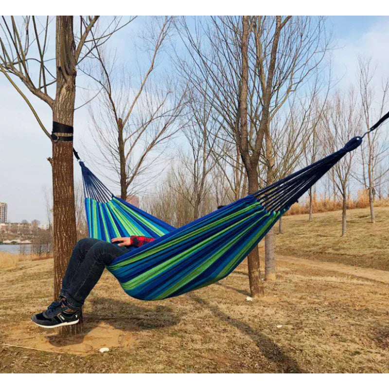 Vibrant Blue & Green Striped Outdoor Hammock - Breathable, Anti-Rollover Design with Secure Knots, Perfect for Garden, Balcony &
