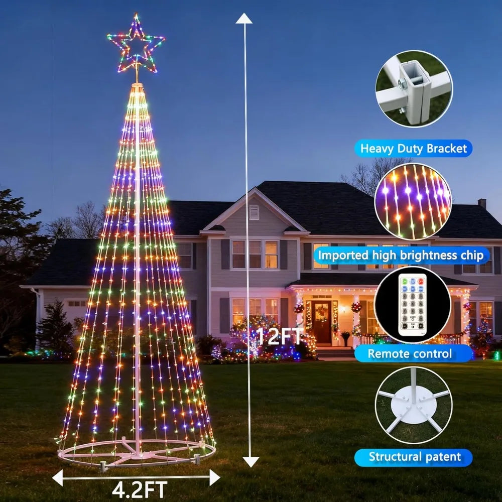 12FT Outdoor Lighting Christmas Tree 650 LED Light Show Christmas Tree with 8 Modes Timer Remote,Tall Star Topped Artificial