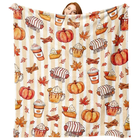 Autumn Pumpkin Dessert Coffee Scarf Flannel Throw Blanket, Autumn Thanksgiving Birthday Gift, Suitable for Bedding Sofa