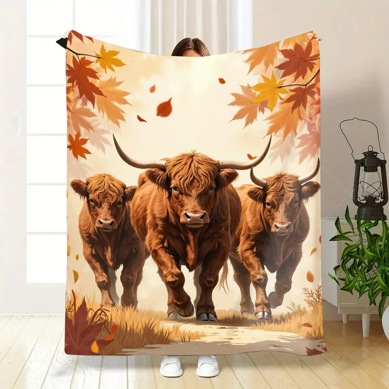 1pc Flannel Blanket Autumn Highland Cattle Blanket - Cozy Fall Farmhouse Style Throw
