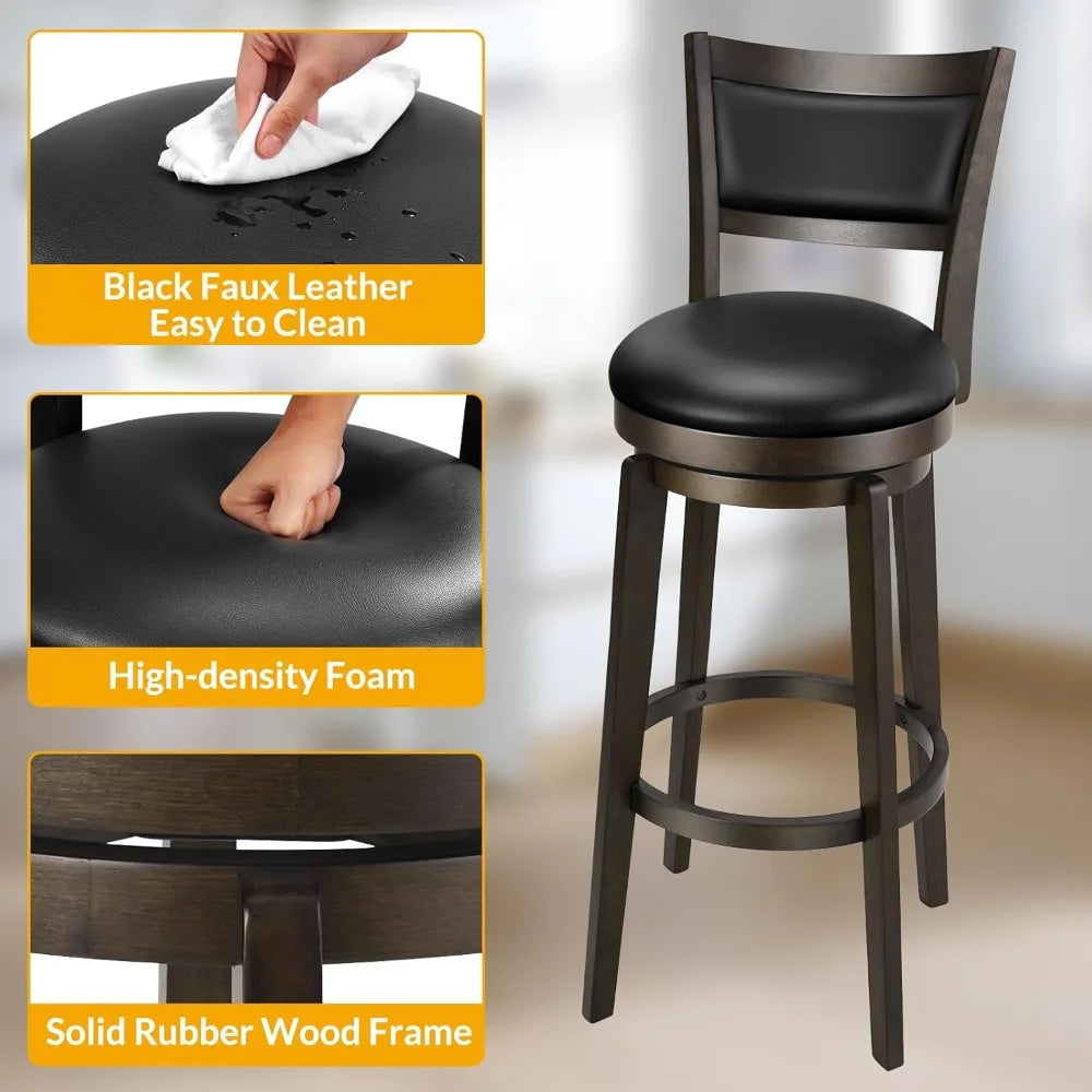 Swivel Bar Stools Set of 2, 34 Inch Extra Tall Bar Height Barstools, Black Faux Leather Bar Stool with High Backrest, Solid Woo