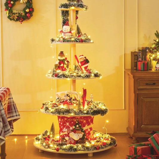 5.15Ft Christmas Tree, 5 Tier Christmas Tree with Shelves-Wooden Christmas Village Tree, DIY Holiday Xmas Trees Display Shelves
