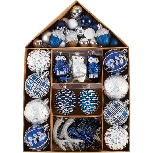 70piece navy blue and silver shatterproof Christmas tree ornaments set with woodland theme for holiday decorations ideal for Th