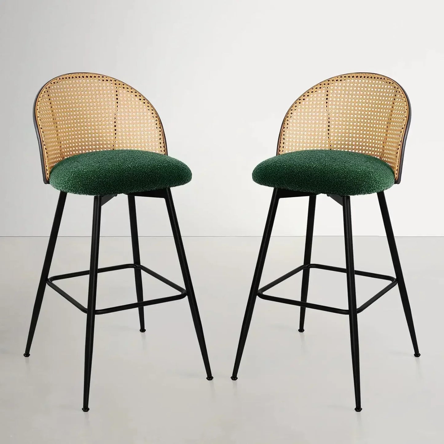 Swivel Bar Stools Set of 2, Mid Century Modern 29"  Chairs with Rattan Back and Metal Legs