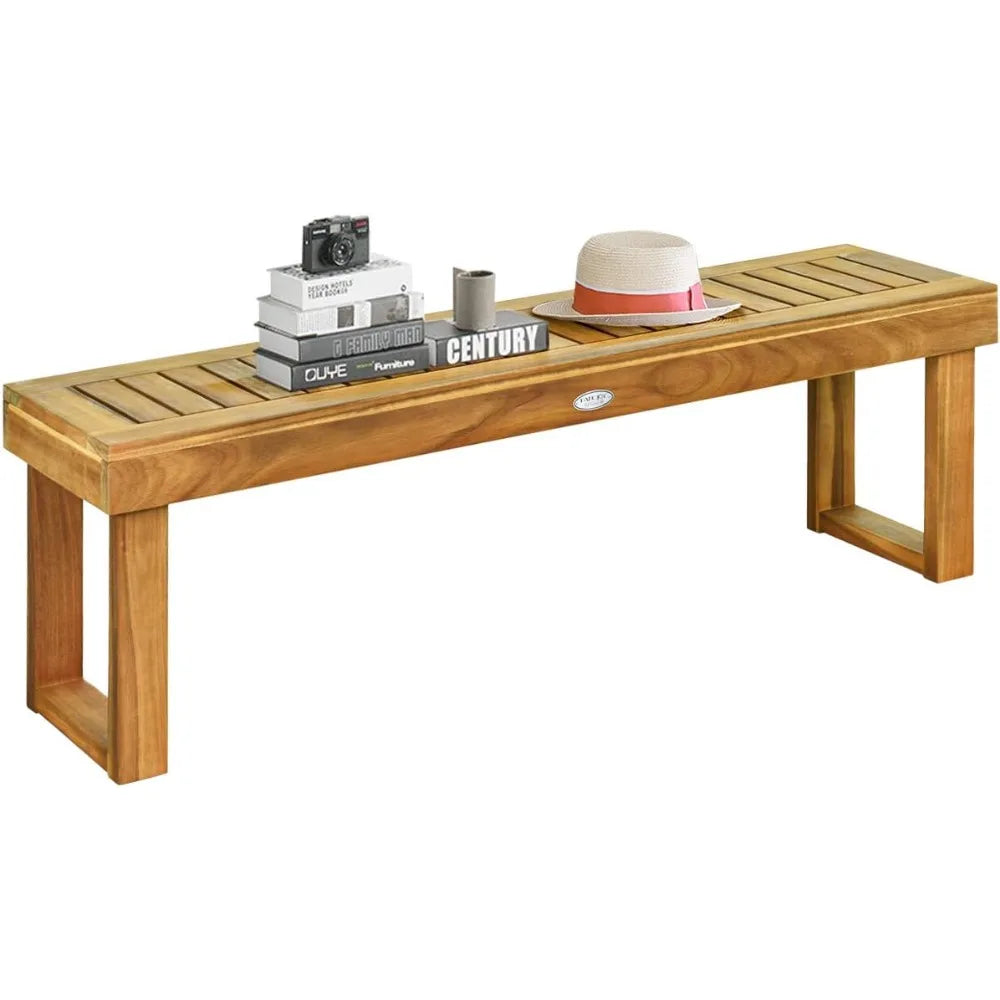 52” Outdoor Acacia Wood Garden Bench, Patio Wood Dining Bench with Slatted Seat, Wooden Backless Bench for Outdoors & I