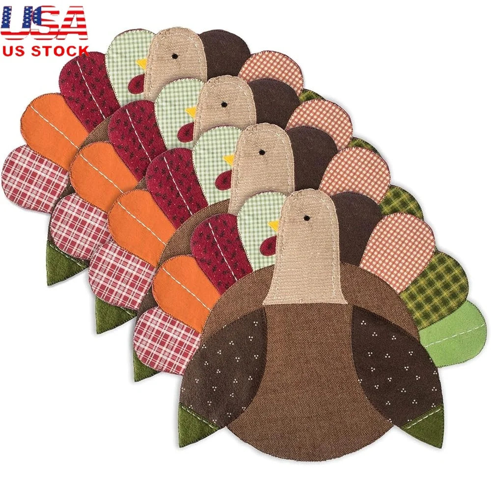 Thanksgiving Table Placemats Set 14x19 Embroidered Turkey Fall Decor 4 Count Elegant Home Accents Hand Wash