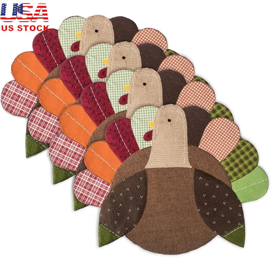Thanksgiving Table Placemats Set 14x19 Embroidered Turkey Fall Decor 4 Count Elegant Home Accents Hand Wash