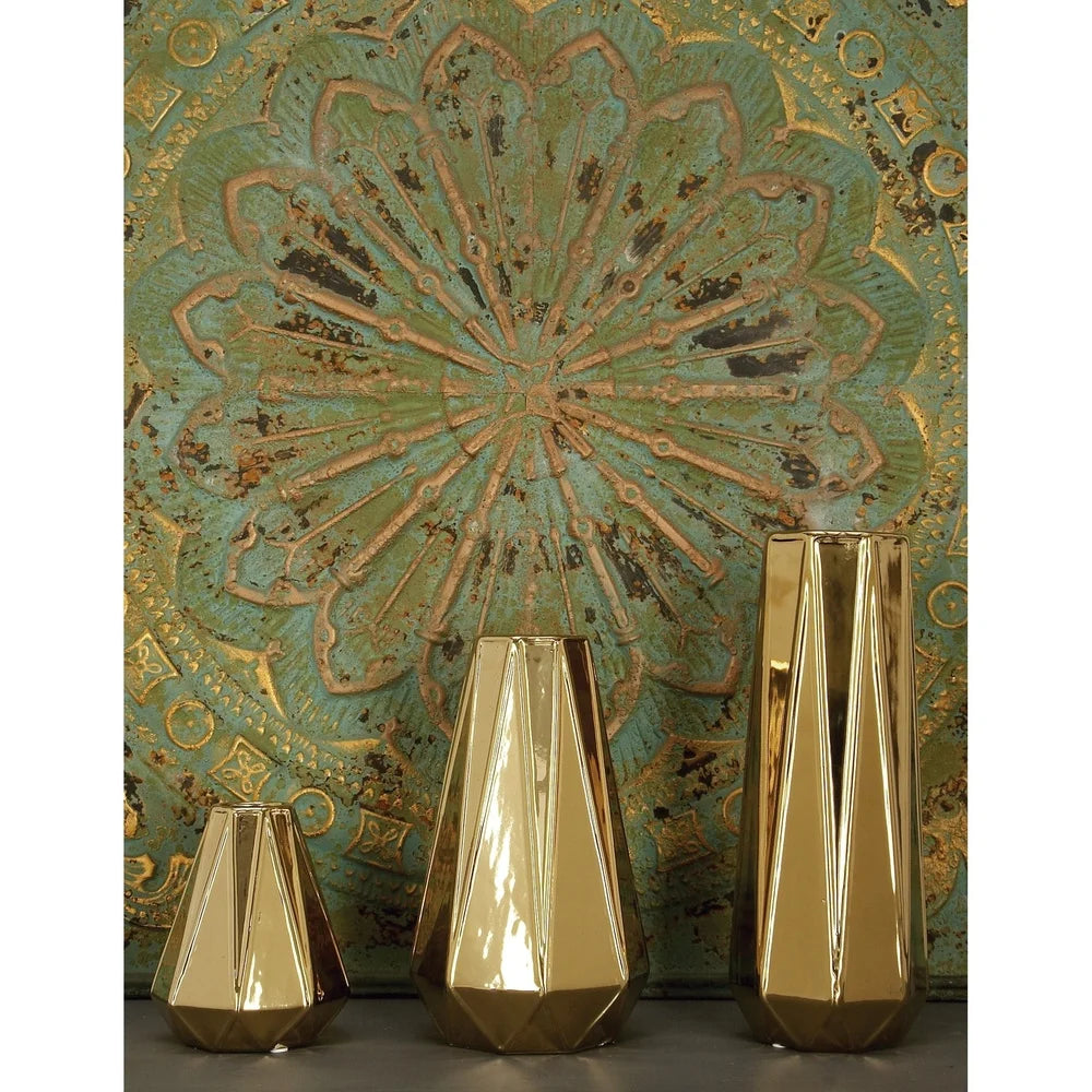 Gold Geometric Ceramic Vase Set of 3 Modern Decorative Home Accent Indoor Use Stoneware Tapered Round Design High Shine Finish