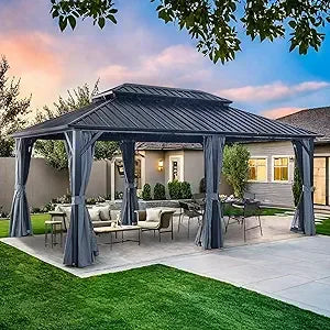 10 * 10FT Patic Gazebo with Steel Canopy,Outdoor Permanent Hardtop Gazebo Canopy for Patio, Garden, Backyard