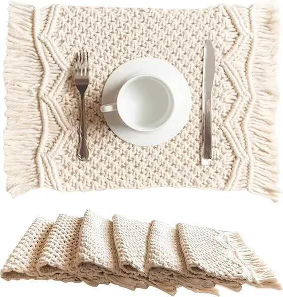 Macrame Placemats Set of 6 - Handmade Cotton Woven Boho Placemats - Modern Farmhouse Fringe Placemats for Dining Table, Kitchen