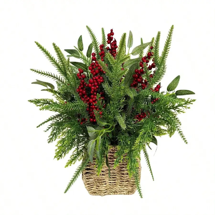 Winter Floral Basket with Berries Christmas Tabletop Decoration, Green and Red, 15"