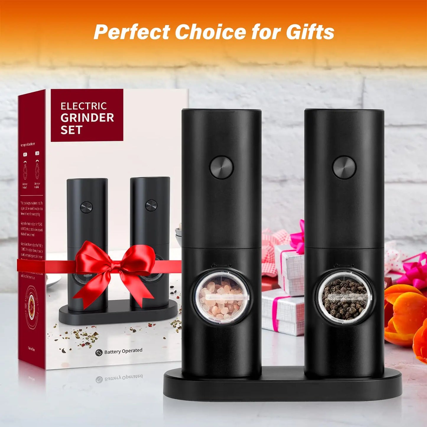 Electric Salt and Pepper Grinder Set, Adjustable Coarseness One Hand Operation, Battery Powered with LED Light and Stand,