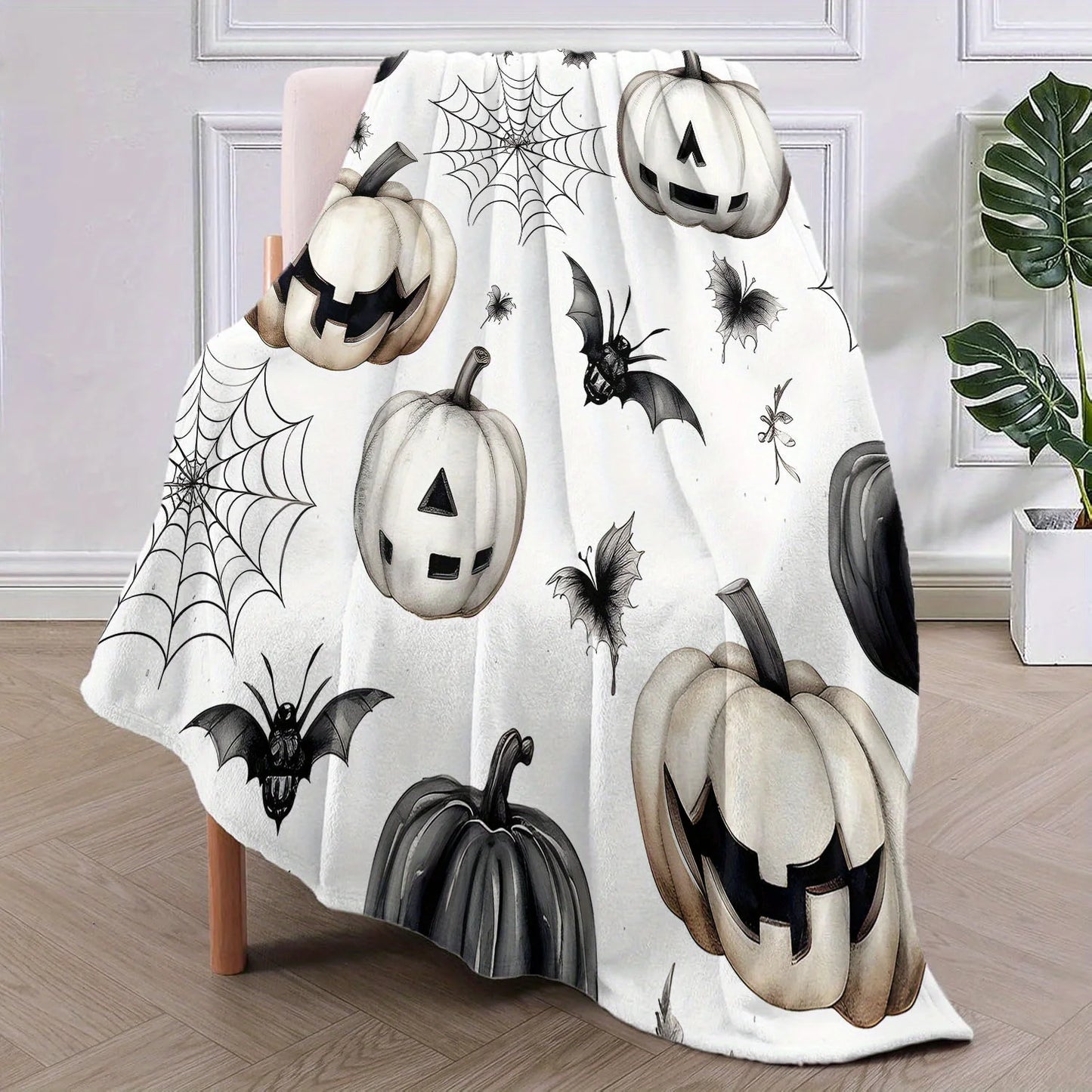 Halloween Flannel Fleece Throw Blanket - 100% Polyester Knitted Soft Sofa Throw with Pumpkin, Bat, and Spider Web Design