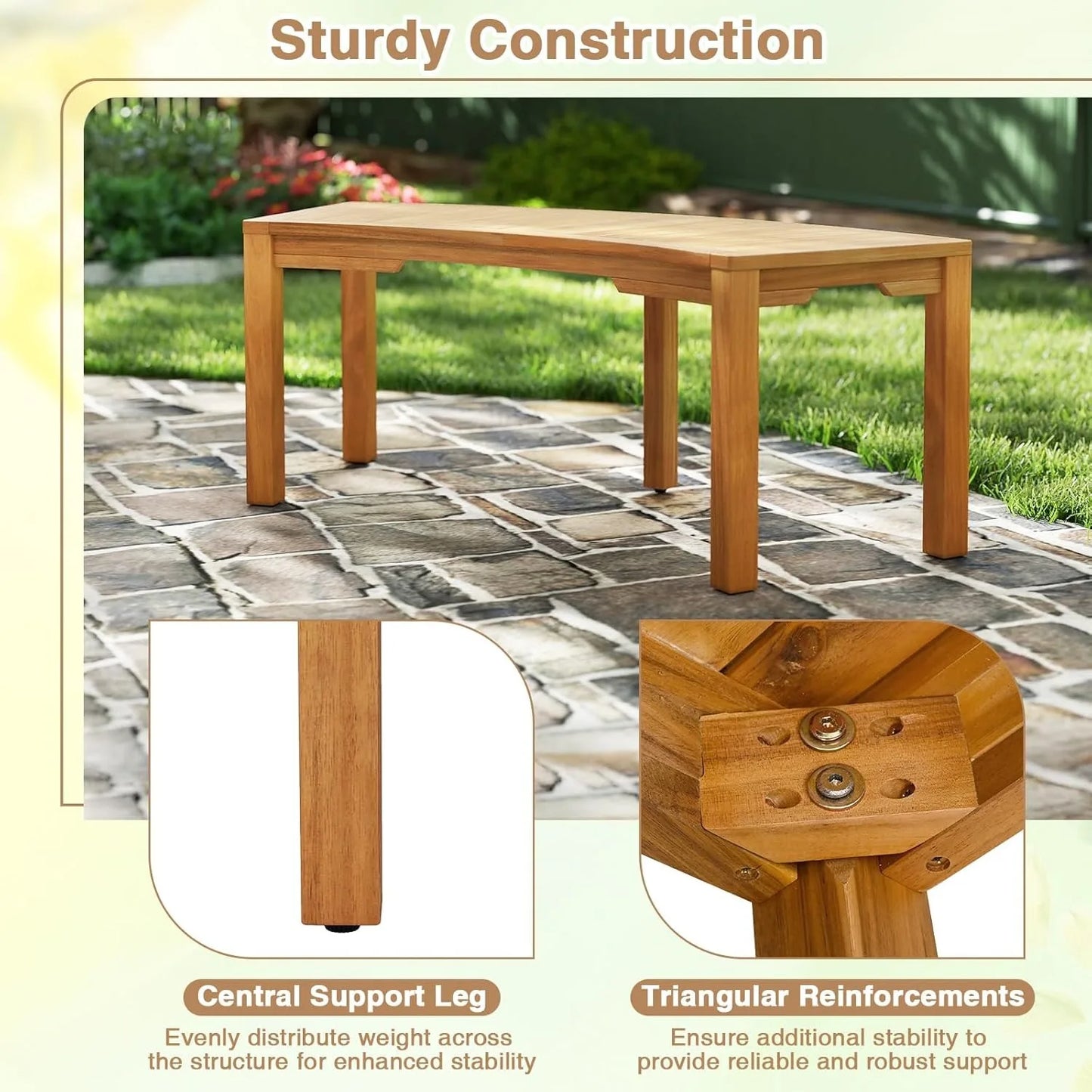 Outdoor Acacia Wood Curved Garden Bench, 2-Person Patio Backless Tree Bench with 800 LBS Capacity, Fire Pit Bench