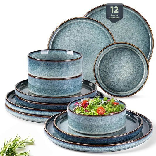 Ceramic Dinnerware Sets For 4, 12 Pieces Stoneware Plates And Bowls Sets, Reactive Glaze Dishes -Scratch Resistant,