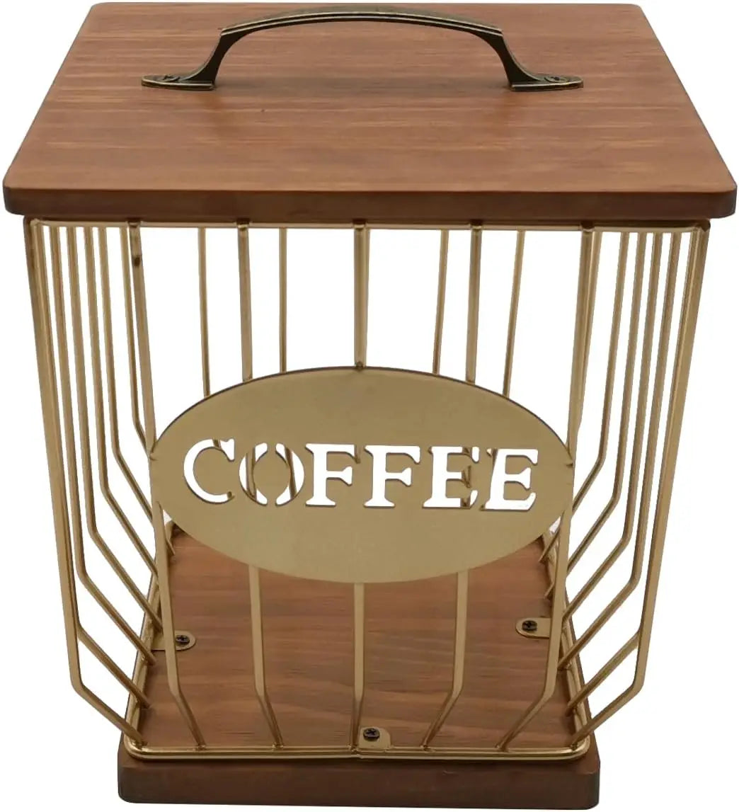 Round Coffee Pods Holder with Wooden Lid and Base Wire Coffee Pods Storage Basket for Home Cafe Bar Countertop Decor(Gold)