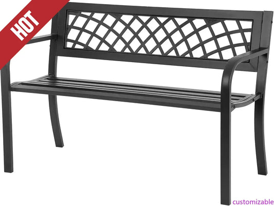 Customizable-Garden Bench,Outdoor Benches,Iron Steel Frame Patio Bench With Mesh Pattern And Plastic Backrest Armrests ,Black