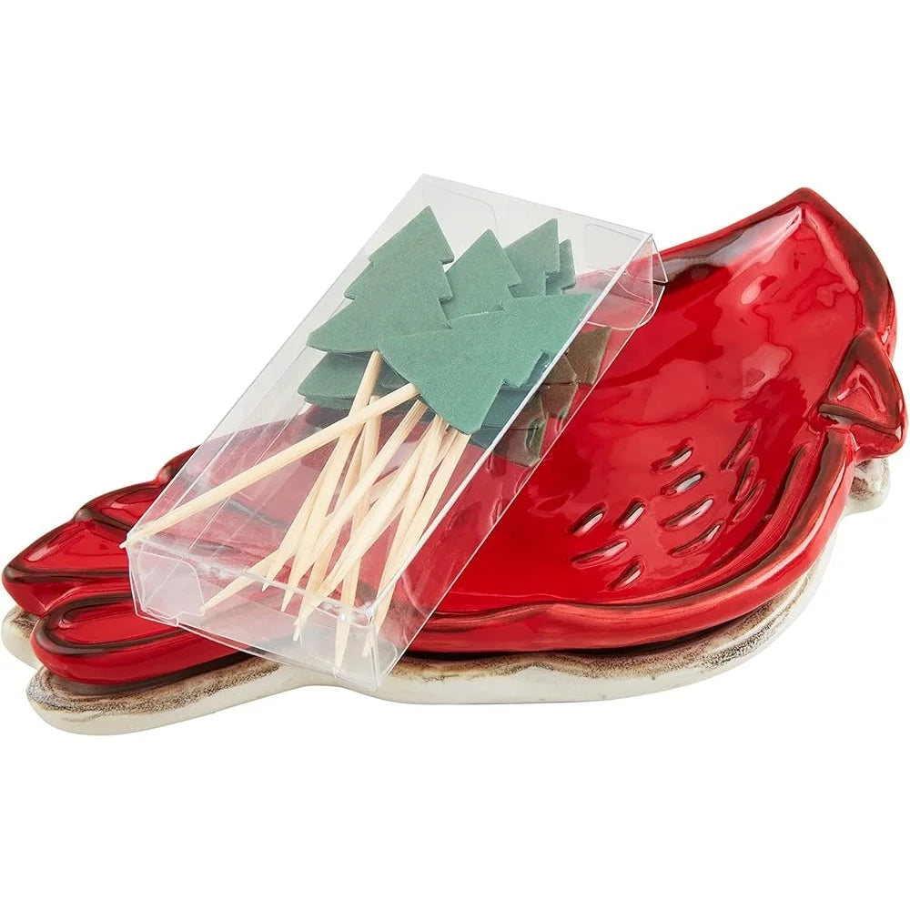 Cardinal Tidbit Dish Set Stoneware Hand-Painted Dishes with Tree Topped Toothpicks Cozy Christmas Decor 3 Pieces