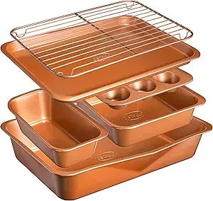 "6-Piece Non-Stick Bakeware Collection with Baking Pans, Cookie Sheet, Loaf Pan, Muffin Tin and Premier Ti-Cerama Copper C Techn