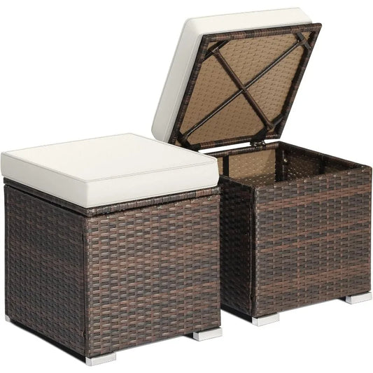 RELAX4LIFE Wicker Outdoor Storage Ottoman, 2-Piece Rattan Footstool w/Removable Cushion, Multipurpose Footrest Stool Side Table
