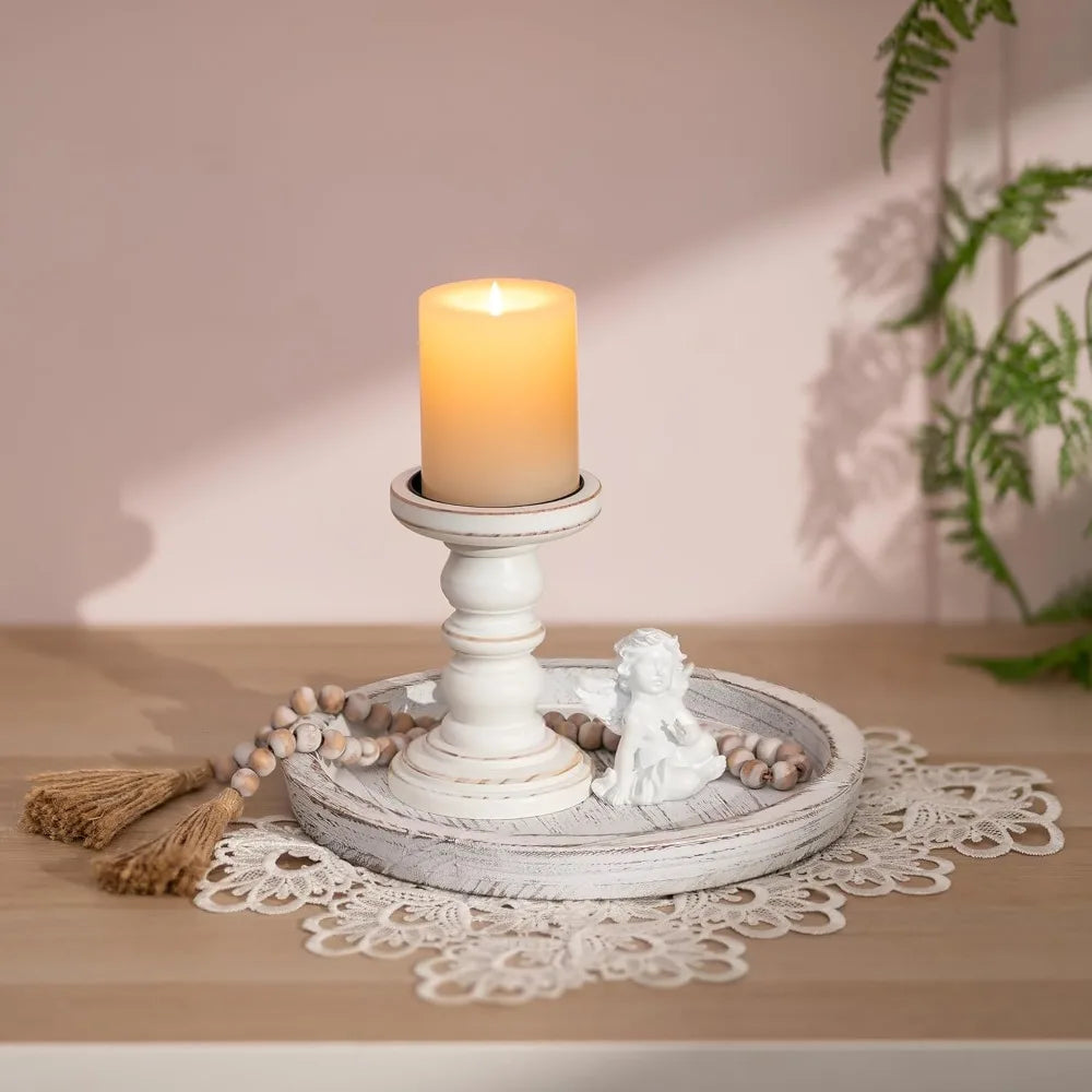 rustic wooden tray candle holder - round wood decorative pillar candle tray for coffee table farmhouse kitchen countertop organ