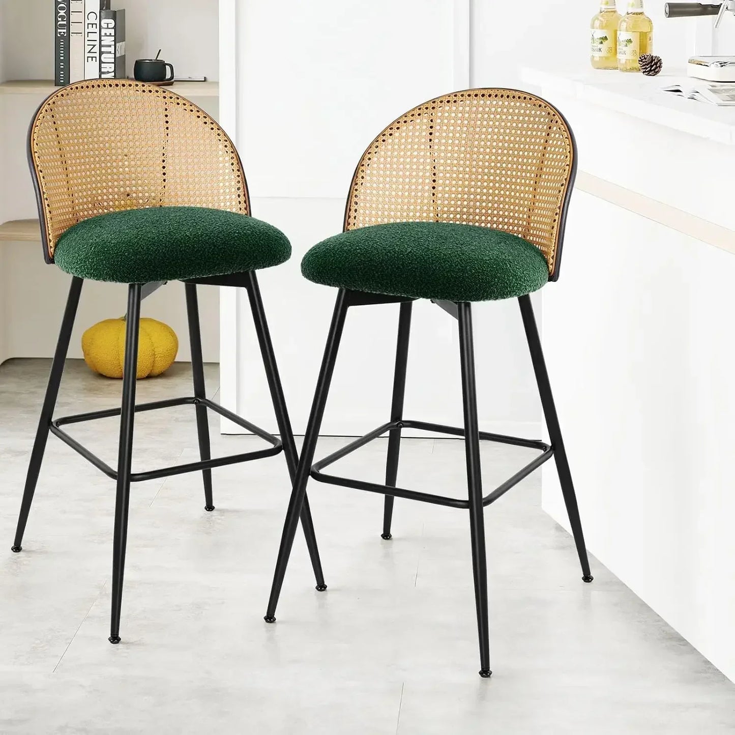 Swivel Bar Stools Set of 2, Mid Century Modern 29"  Chairs with Rattan Back and Metal Legs