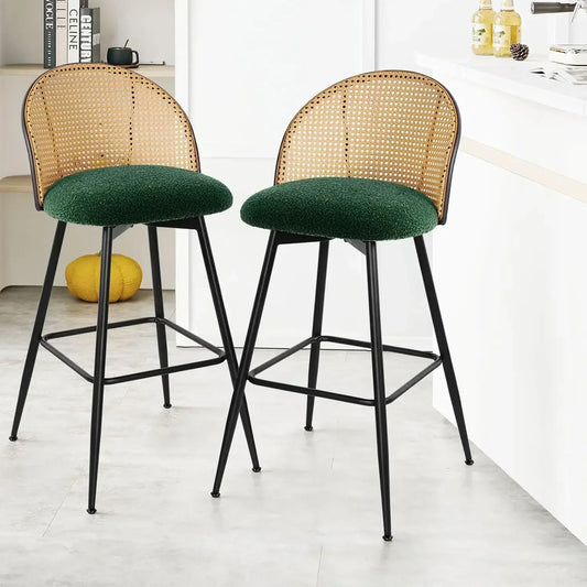 Swivel Bar Stools Set of 2, Mid Century Modern 29"  Chairs with Rattan Back and Metal Legs