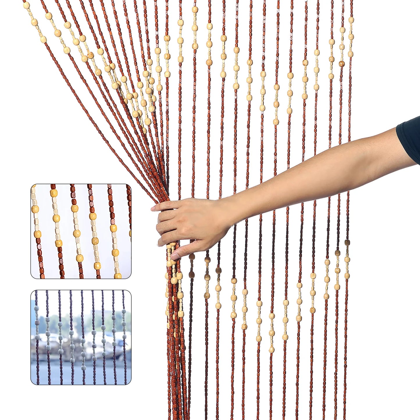 Wood Beaded Curtain 27 Line Wave Dense Fringe Beaded Door Curtain Handmade Room Divider Screen Hanging Blind Drap