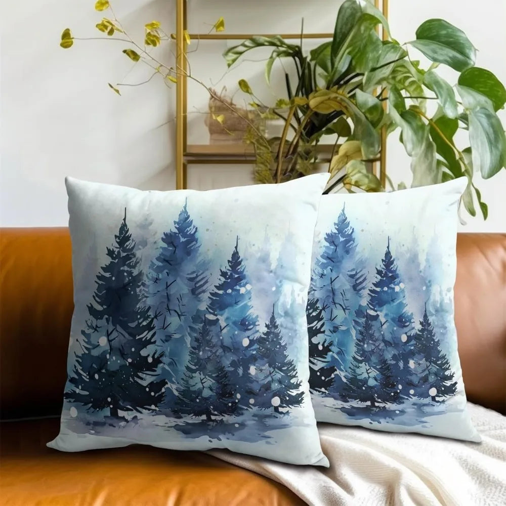 Christmas Throw Pillow Covers 18x18 Set of 2, Rustic Winter Blue Trees Snows Pine Forest Farmhouse Decorative Pillow Cases Cotto