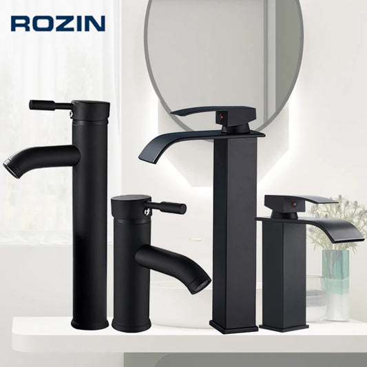 Rozin Matte Black Basin Faucet Deck Mounted Single Lever Bathroom Crane Waterfall Brass Bathroom Tap Hot Cold Water Mixer Taps