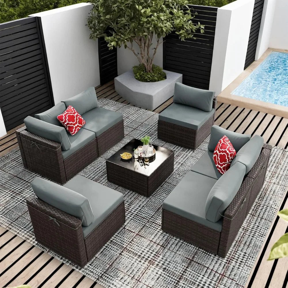 7 Pieces Patio Furniture Sets, Outdoor All-Weather Sectional Patio Sofa Set PE Rattan Manual Weaving Wicker Patio Conversation