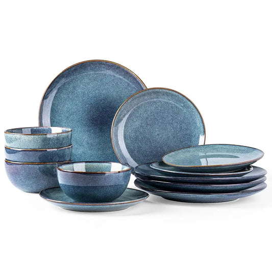 Ceramic Dinnerware Sets For 4, 12 Pieces Handpainted Plates And Bowls Set, Scratch Resistant Stoneware Dishes Set, Dishwasher &
