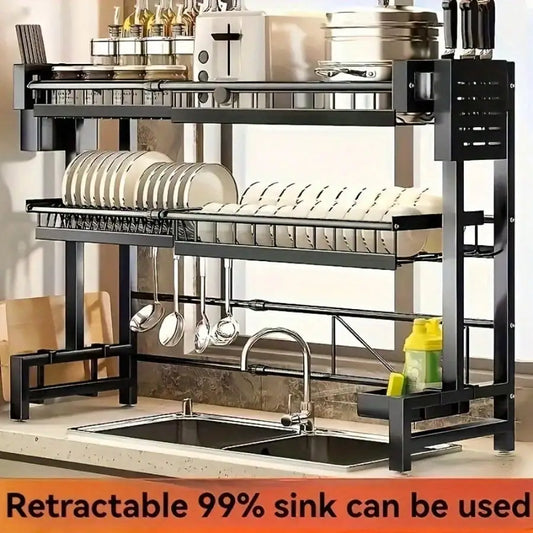 1pc Countertop Dish Storage Drainage Rack Expandable Kitchen Sink Shelf Dish Rack Drainer Black Kitchen Organizer
