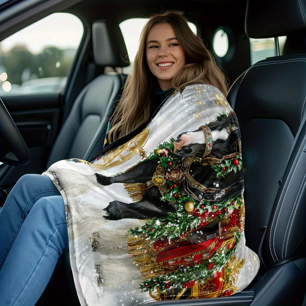 Soft and Warm Festive Christmas Horse Print Fleece Blanket - 1pc, Lightweight Flannel Throw for Home, Travel, Camping