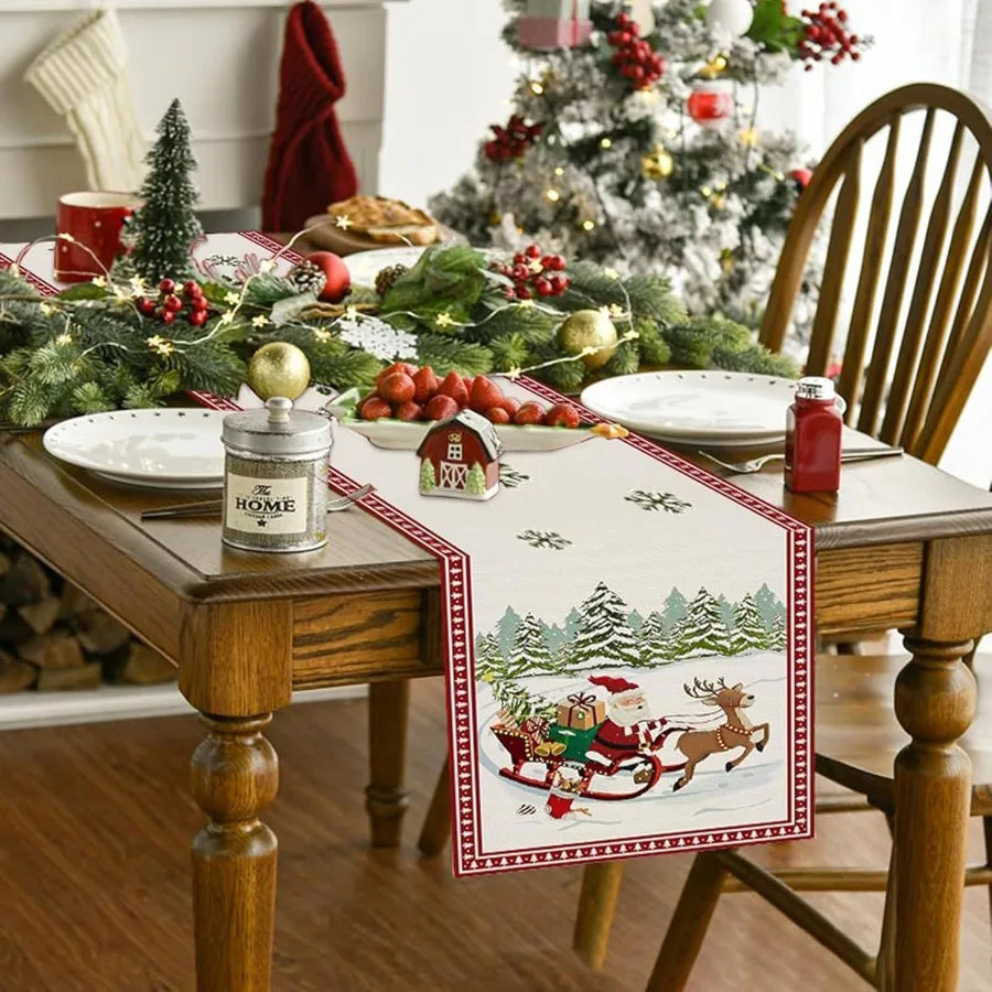 Christmas Reindeer Sleigh Table Runner 13x72 Ih Santa Claus Sleigh Xmas Trees Seasol Winter Kitchen Dinning Table Decoration fo