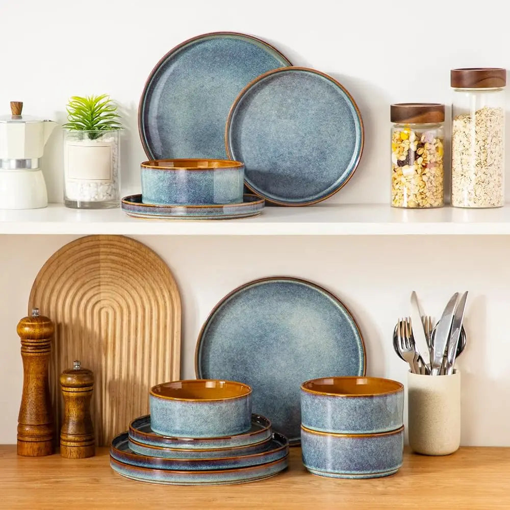 Onion Ceramic Plates And Bowls Sets, 12 Pieces Blue Dinnerware Sets For Kitchen, Reactive Glaze Dishes Set For 4, Dishwasher