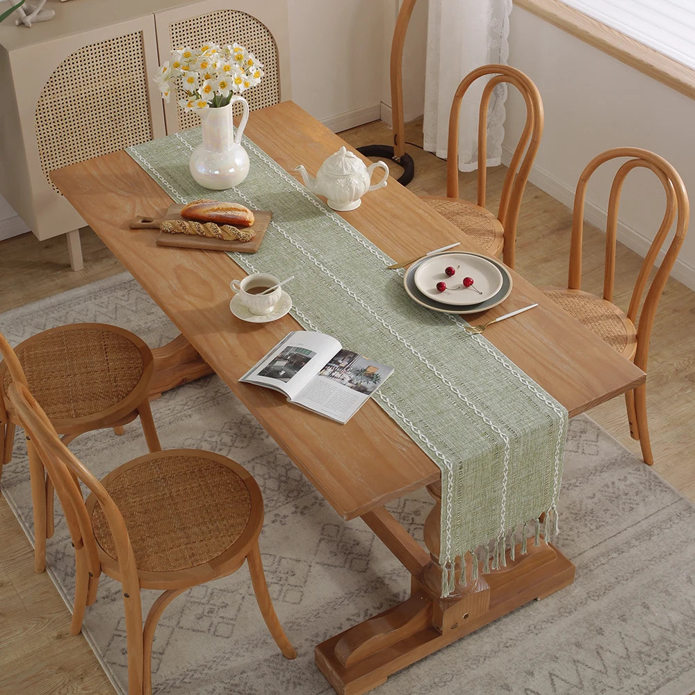 MACT Rustic Table Runner with Tassels Cotton Linen Embroidered Table Runners for Dining Table Decorations Holiday Party Wedding