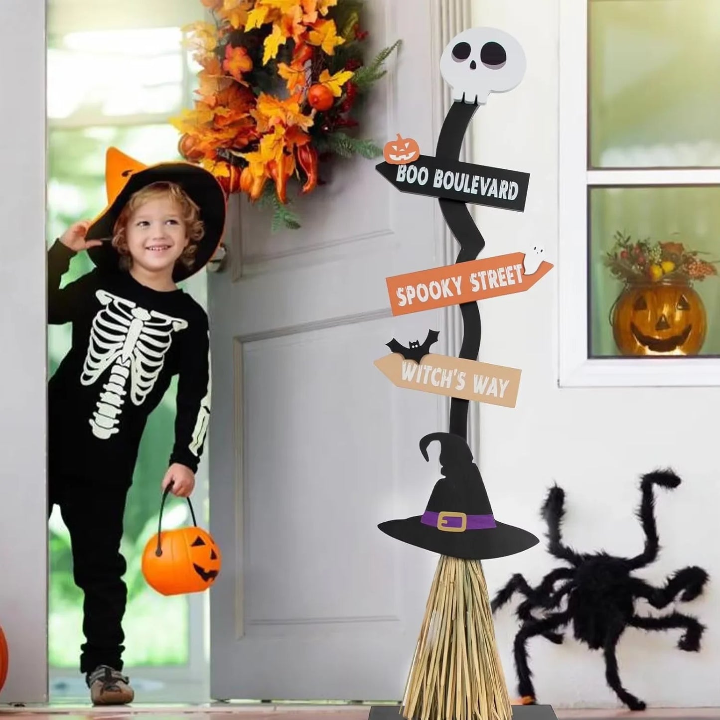 Lighted Halloween Wooden Witch Broom for Indoor Outdoor Porch Yard Decor Spooky Light up Halloween Witch Decorations Sign
