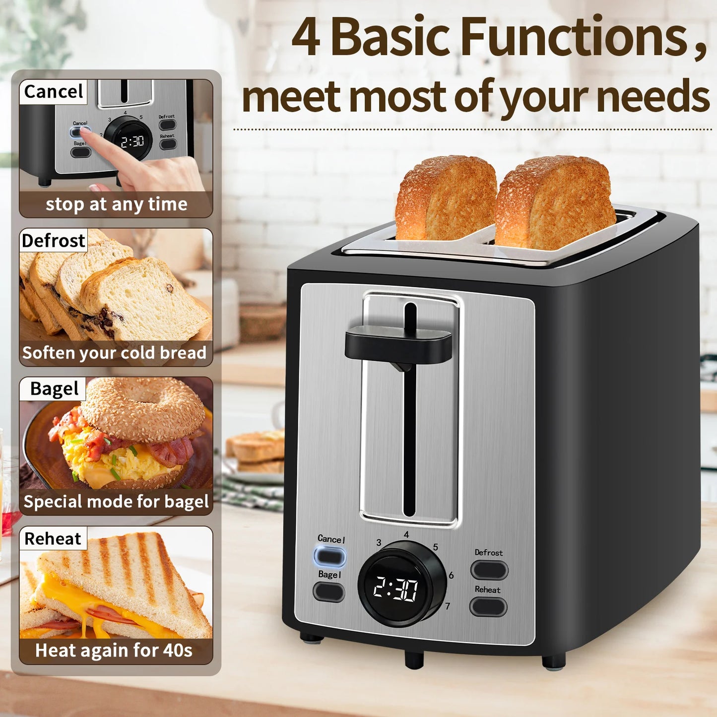 Toaster 2 Slice,LCD Display,7 Shade Settings,1.４'' Extra Wide Slots Toaster,4-in-1 Functions,Removable Crumb Tray, 900W