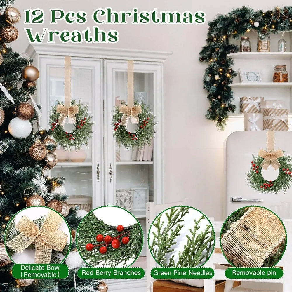 Artificial Greenery Mini Christmas Wreaths - 12 Pack, 9 Inch Small Kitchen Cabinet Decorations with Plaid Bow Ribbons, Hanging H