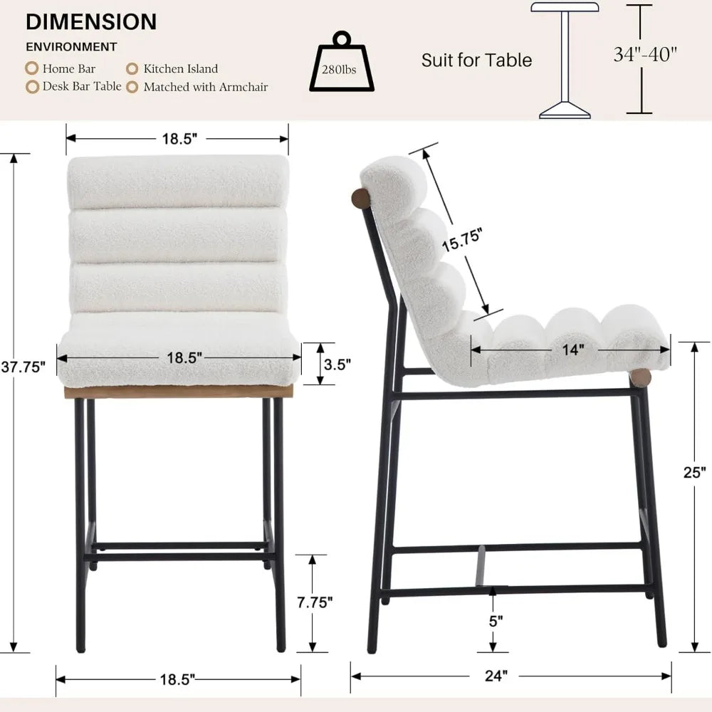 Bar stools Set of 2,25” Modern Upholstered Counter stools with Black Metal Legs, Sherpa Counter Height Chairs for Kitchen Island